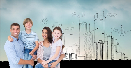 Digital composite of Digital composite image of parents carrying children with drawn buildings in backgroundの写真素材