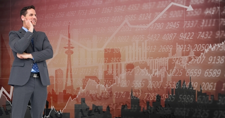 Digital composite of Digital composite image of businessman against graphic backgroundの写真素材