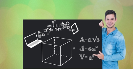 Digital composite of Man pointing at diagrams and formulas on bill boardの写真素材