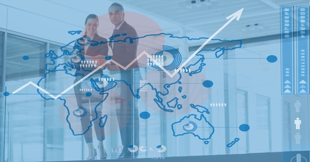 Digital composite of Digital composite image of business people seen through graph screen