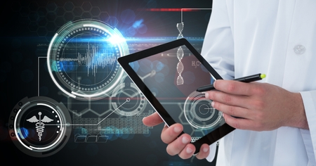 Digital composite of Midsection of doctor writing on transparent screen