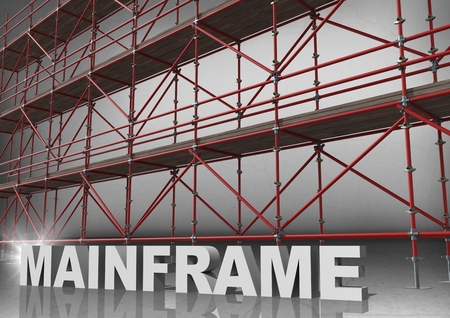 Digital composite of 3D word mainframe in front of scaffolding in grey room