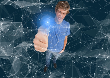 Digital composite of Young men on dark blue background, with connections. fingerprint scaneの写真素材