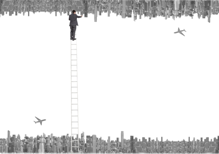 up side down city. planes and business men with ladder crossing to the up down cityの写真素材