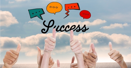 Digital composite of Success text with speech bubbles over thumbs up gesturesの写真素材