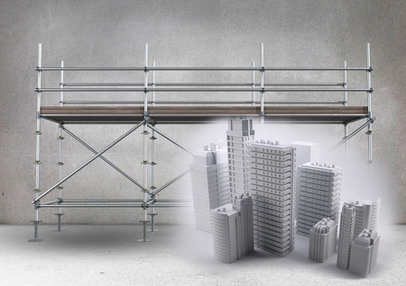 Digital composite of Buildings in front of scaffolding in grey roomの写真素材