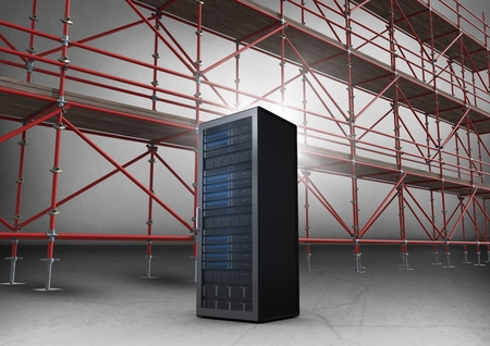 Digital composite of Server in front of scaffolding in grey room