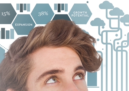 Digital composite of Top of man's head against blue graphs