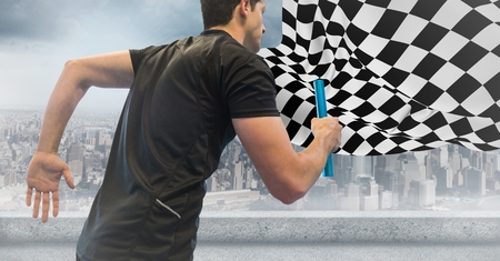 Digital composite of Relay runner against skyline with flares and checkered flag