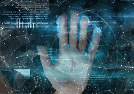 Digital composite of woman putting her hand on hand scan. Blue and with connections