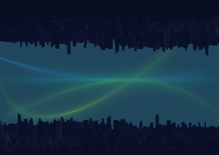 Digital composite of up side down city. green and blue lights in the skyの写真素材