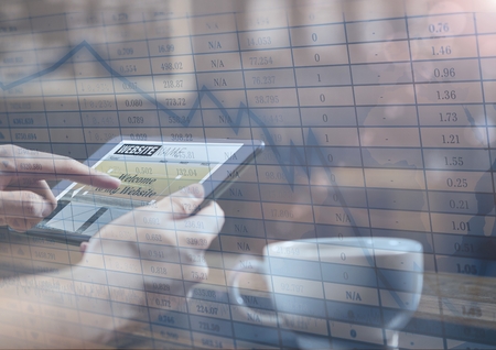 Digital composite of Hands with tablet in cafe and blue graph overlay