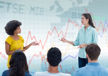 Digital composite of Woman speaking with audience against blue graph