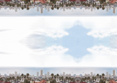 Digital composite of up side down city with sea.