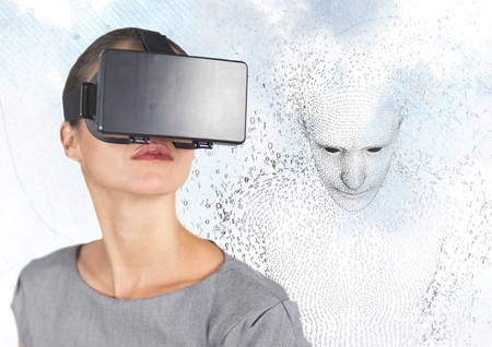 Digital composite of Woman in VR against 3D male shaped binary code against sky and clouds