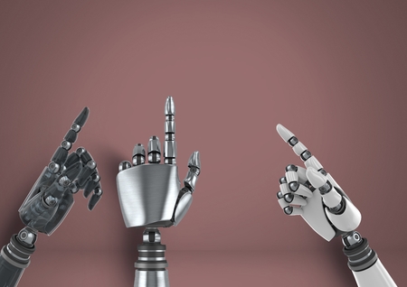 Digital composite of Android Robot hands pointing with brown background