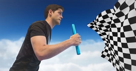 Digital composite of Relay runner against clouds and blue sky and checkered flag