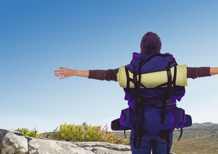 Digital composite of travel mountain. hands open looking the landscapeの写真素材