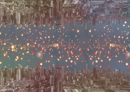 Digital composite of up side down city at night with lightsの写真素材