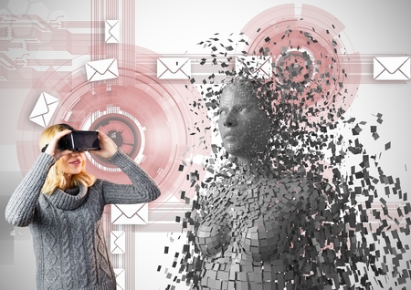 Digital composite of Woman looking at 3d scattered female on VR glasses
