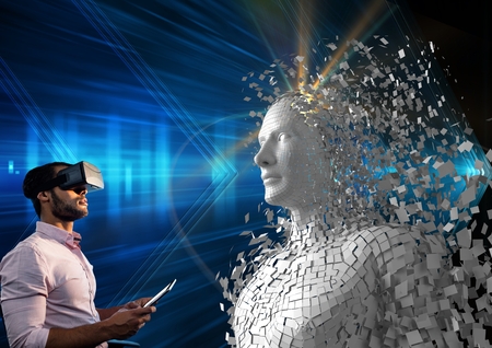 Digital composite of Digital composite image of man using digital tablet and VR glasses by 3d human