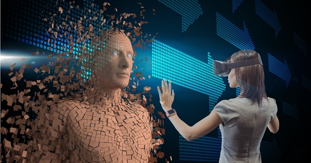 Digital composite of Businesswoman wearing VR glasses while touching 3d human on screenの写真素材