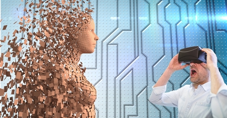 Digital composite of Shocked man looking at 3d scattered female figure on VR glassesの写真素材