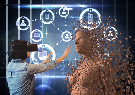 Digital composite of Woman wearing VR glasses while touching 3d human