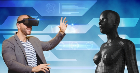 Digital composite of Happy man looking at 3d female figure through VR glasses
