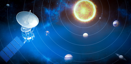 3d image of blue solar satellite against graphic image of planets and sun