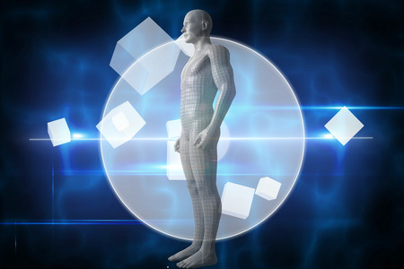 Full length of digital gray 3d man against blue technology design with circleの写真素材