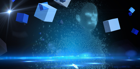 Digitally composite pixelated 3D female  against boxes on technical backgroundの写真素材