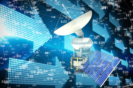 Vector image ofÂ 3d solar powered satellite against blue arrows on black backgroundの写真素材