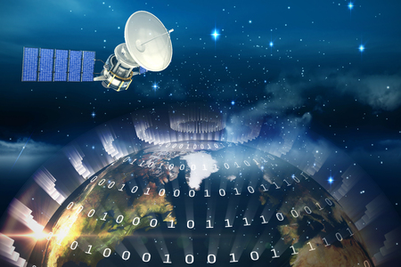 3d image of blue solar satellite against glowing earthの写真素材