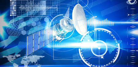 3d illustration of blue solar satellite against blue technology interface with glowの写真素材