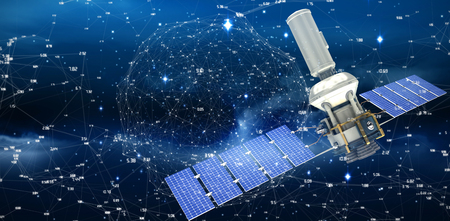 Vector image ofÃÂ 3d modern solar power satellite  against connection dots on blue backgroundの写真素材