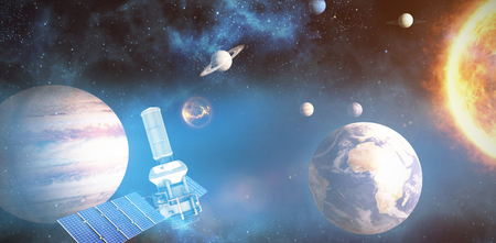 Digitally generated image ofÂ 3d modern solar power satellite against composite image of solar...