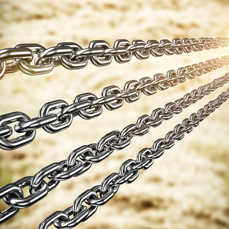 Row of 3d metal chains  against harvester machine working on fieldの写真素材