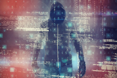 Robber wearing black hoodie against abstract black room