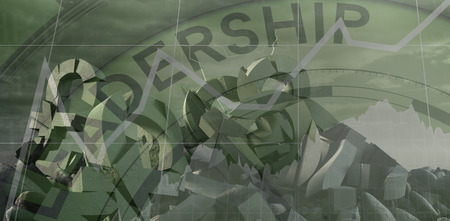 3d illustration of various damaged symbols with stones  against leadership text with graphs and...