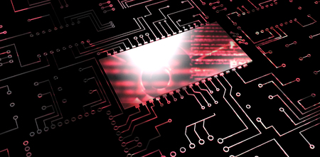 Digitally generated image of circuit board against abstract pink text