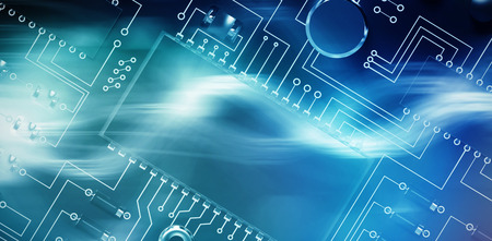 Close up of circuit board against curved laser light design in purple