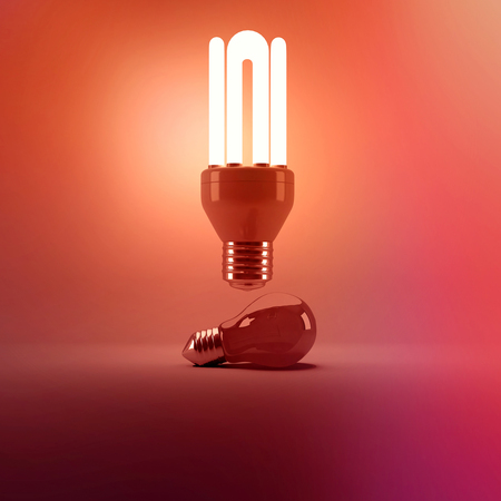 Digital image of illuminated energy efficient lightbulb over bulb on gray backgroundの写真素材