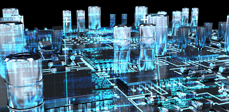 Blue matrix and codes against blue circuit board over white backgroundの写真素材