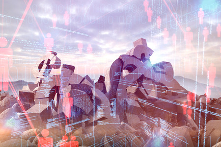 3d composite image of damaged currency symbols against binary codes and people iconsの写真素材