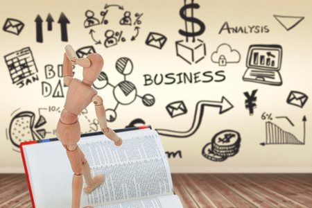 Business icons against white background against room with wooden floorの写真素材