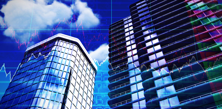 3d illustration of modern buildings against stocks and shares