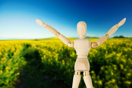 3d image of arms raised wooden figurine  against yellow mustard fieldの写真素材