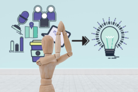 Composite image of various icons against gray flooring and wallの写真素材