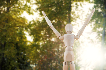 3d image of carefree wooden figurine against trees in forestの写真素材